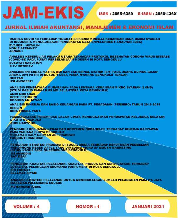 					View Vol. 4 No. 1 (2021): Jurnal Ilmiah Akuntansi, Manajemen, dan Ekonomi Islam (JAM-EKIS)
				