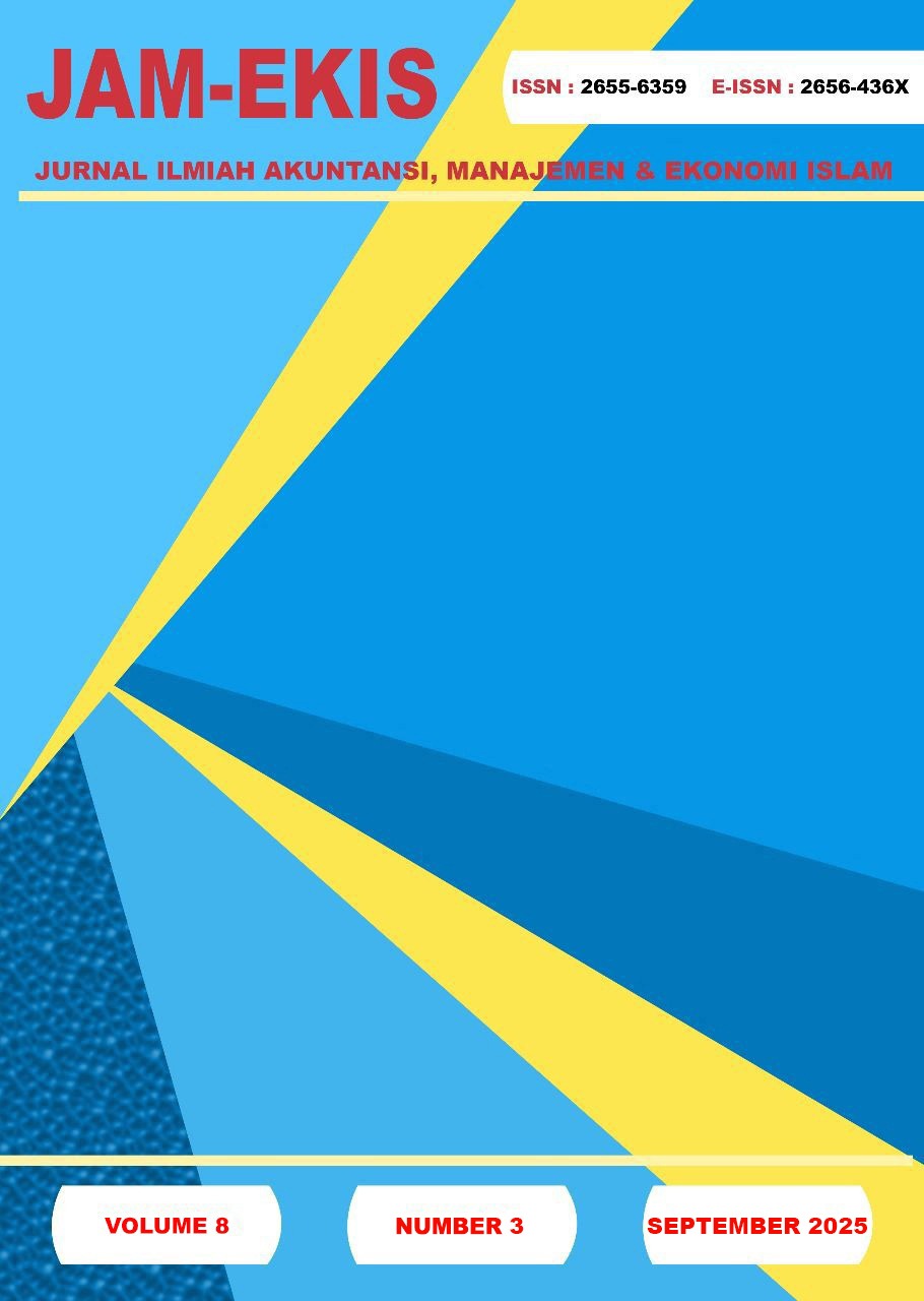 					View Vol. 8 No. 3 (2025): Jurnal Ilmiah Akuntansi, Manajemen, dan Ekonomi Islam (JAM-EKIS)
				